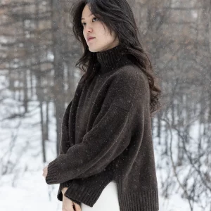 Women’s 100% Mongolian yak wool turtleneck sweater in dark natural wool