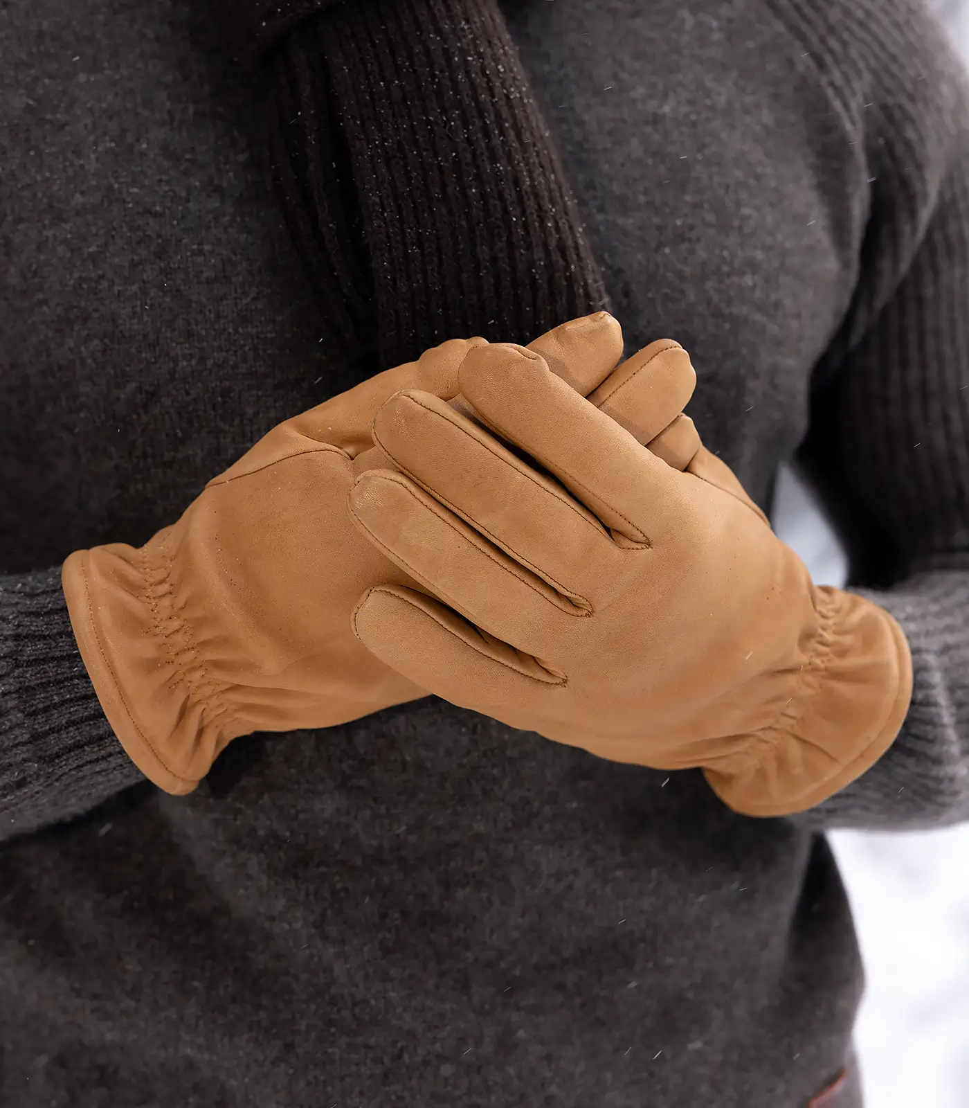 Close-up of men’s yak leather gloves with soft gathered wrist