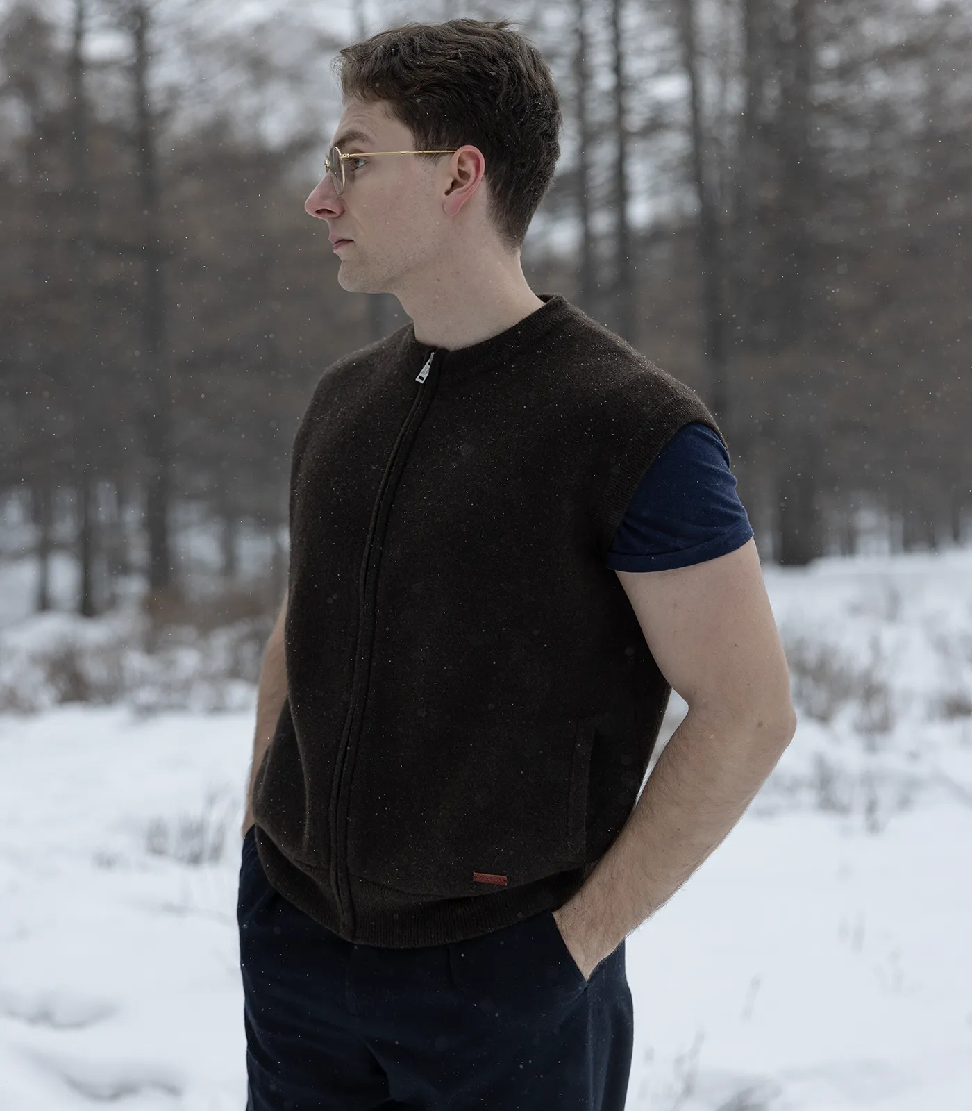 Side view of men’s natural Mongolian yak wool vest