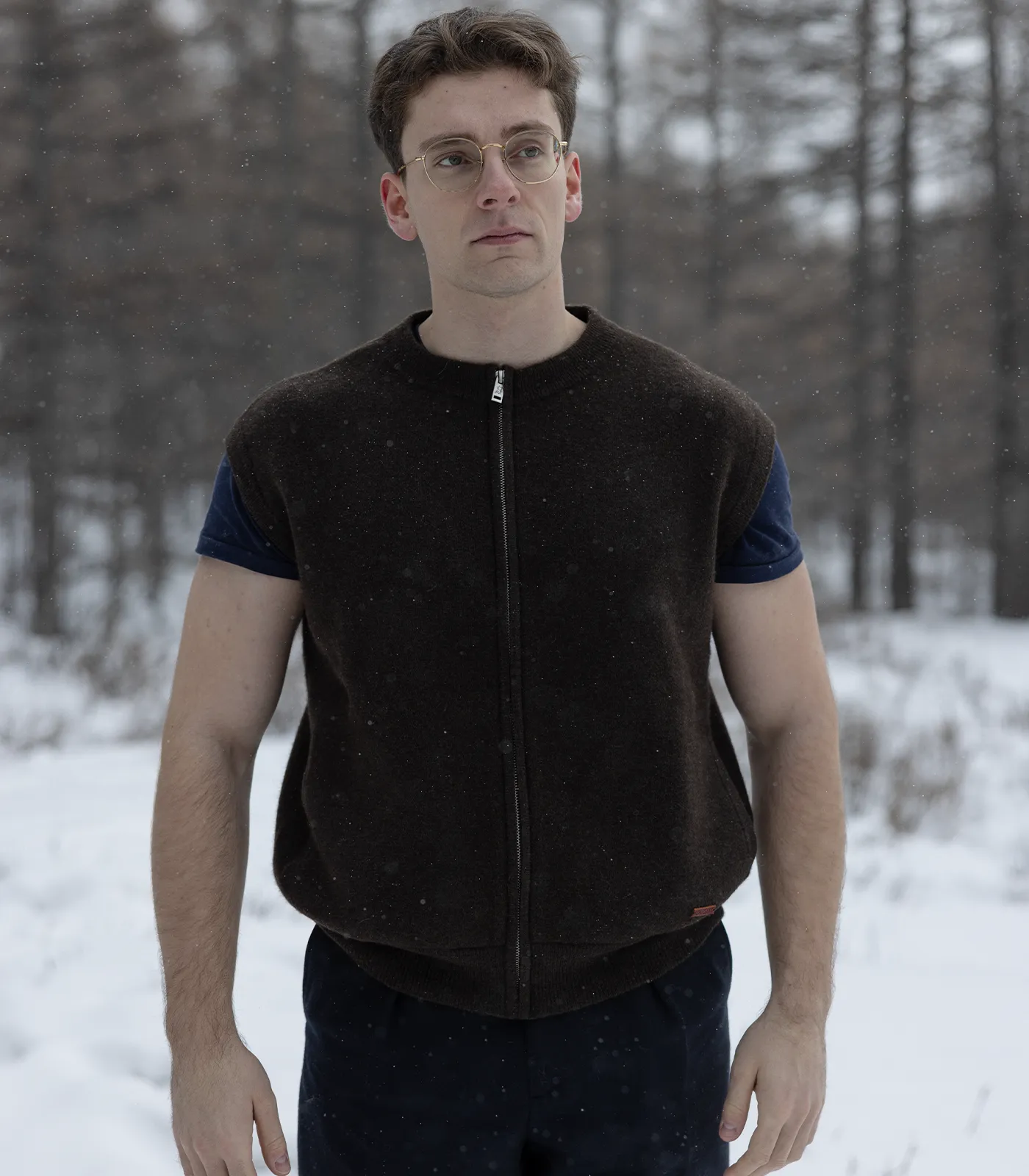 Men wearing luxury yak wool vest over navy shirt