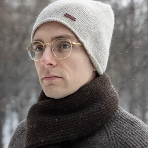 Side view of men’s natural white Mongolian yak wool halo beanie