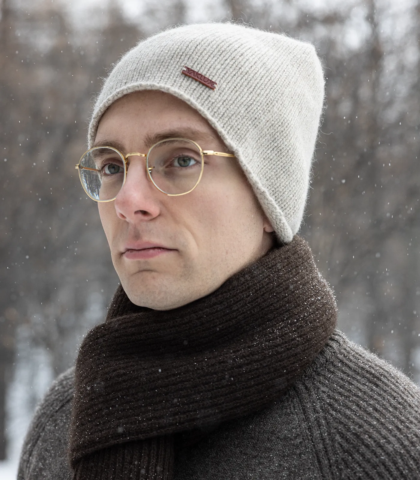 Side view of men’s natural white Mongolian yak wool halo beanie