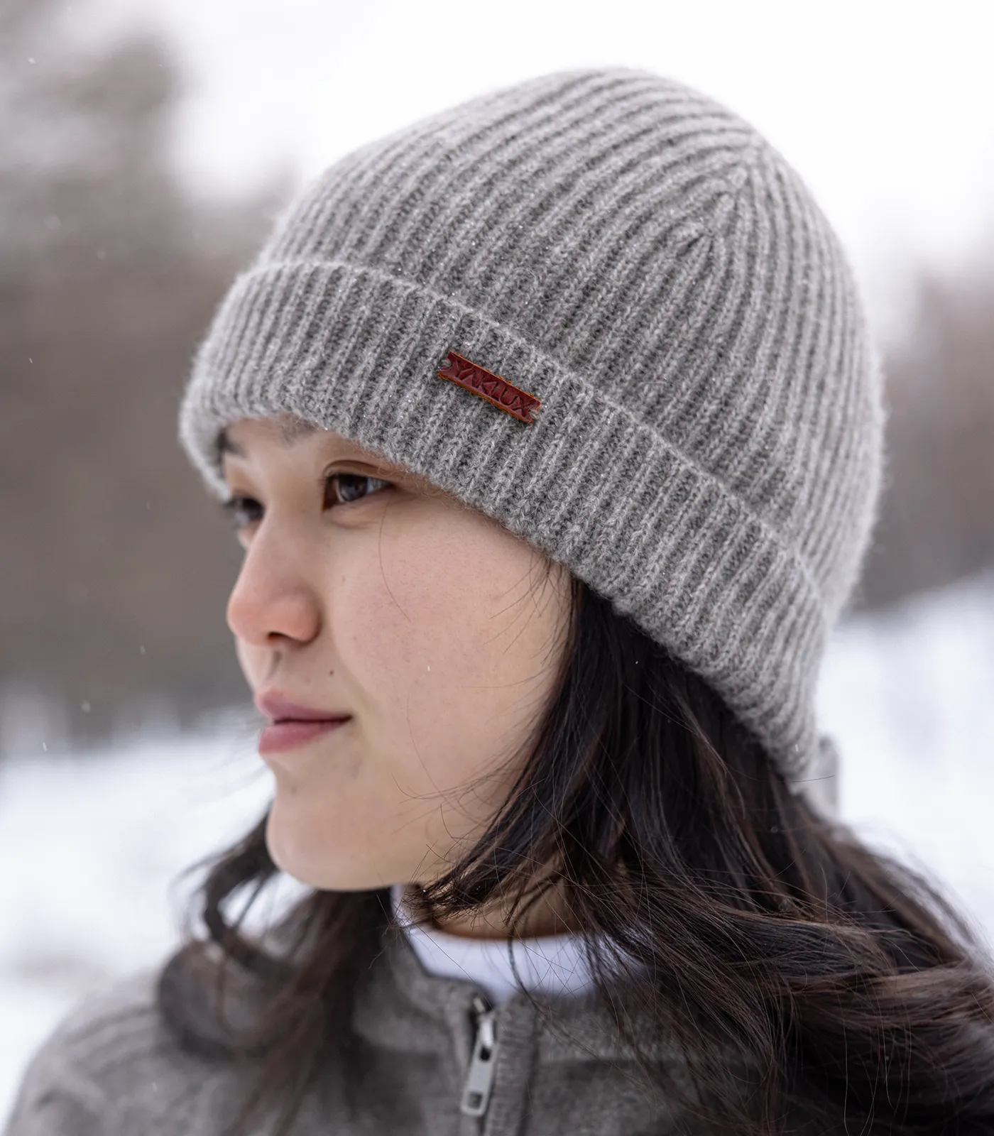 Side view of women’s yak wool frost beanie for winter warmth
