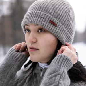 Women wearing natural grey Mongolian yak wool frost beanie