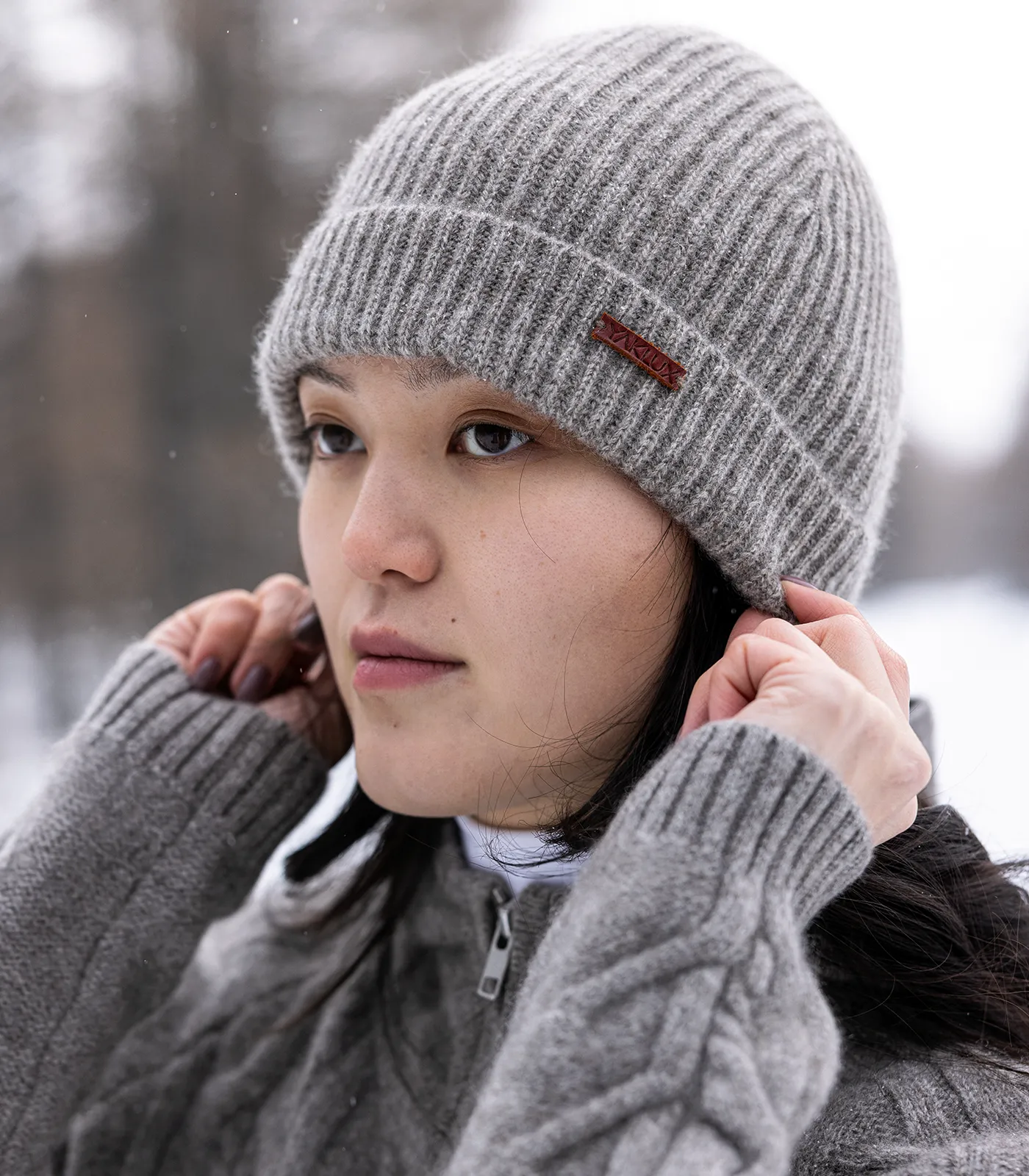 Women wearing natural grey Mongolian yak wool frost beanie