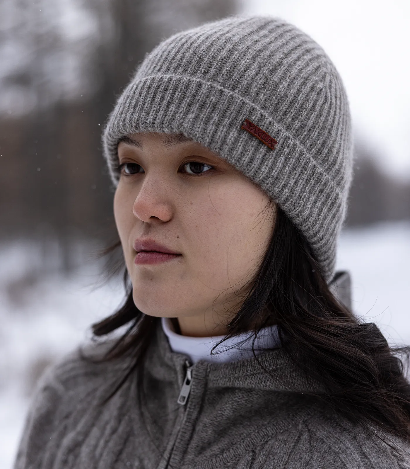 Close-up of women’s soft grey yak wool frost beanie
