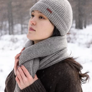 Women’s 100% Mongolian yak wool whisper scarf and beanie in soft grey