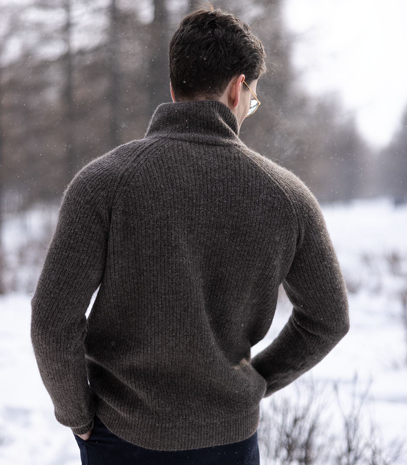 Back view of men’s 100% Mongolian yak wool half-zip cardigan in natural grey