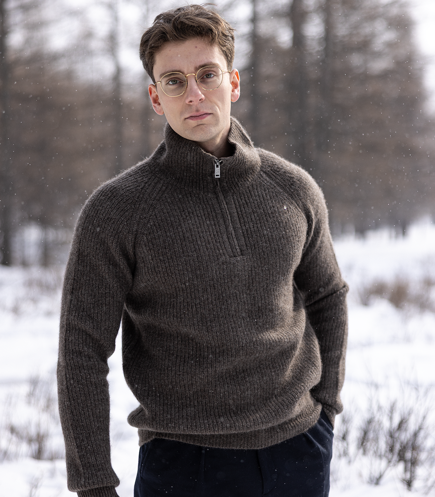 Men wearing natural grey Mongolian yak wool half-zip cardigan in winter