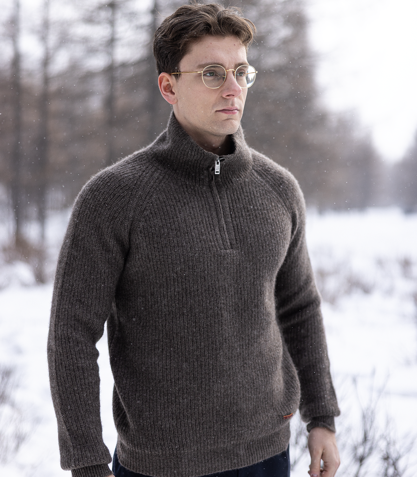 Side view of men’s luxury yak wool half-zip cardigan