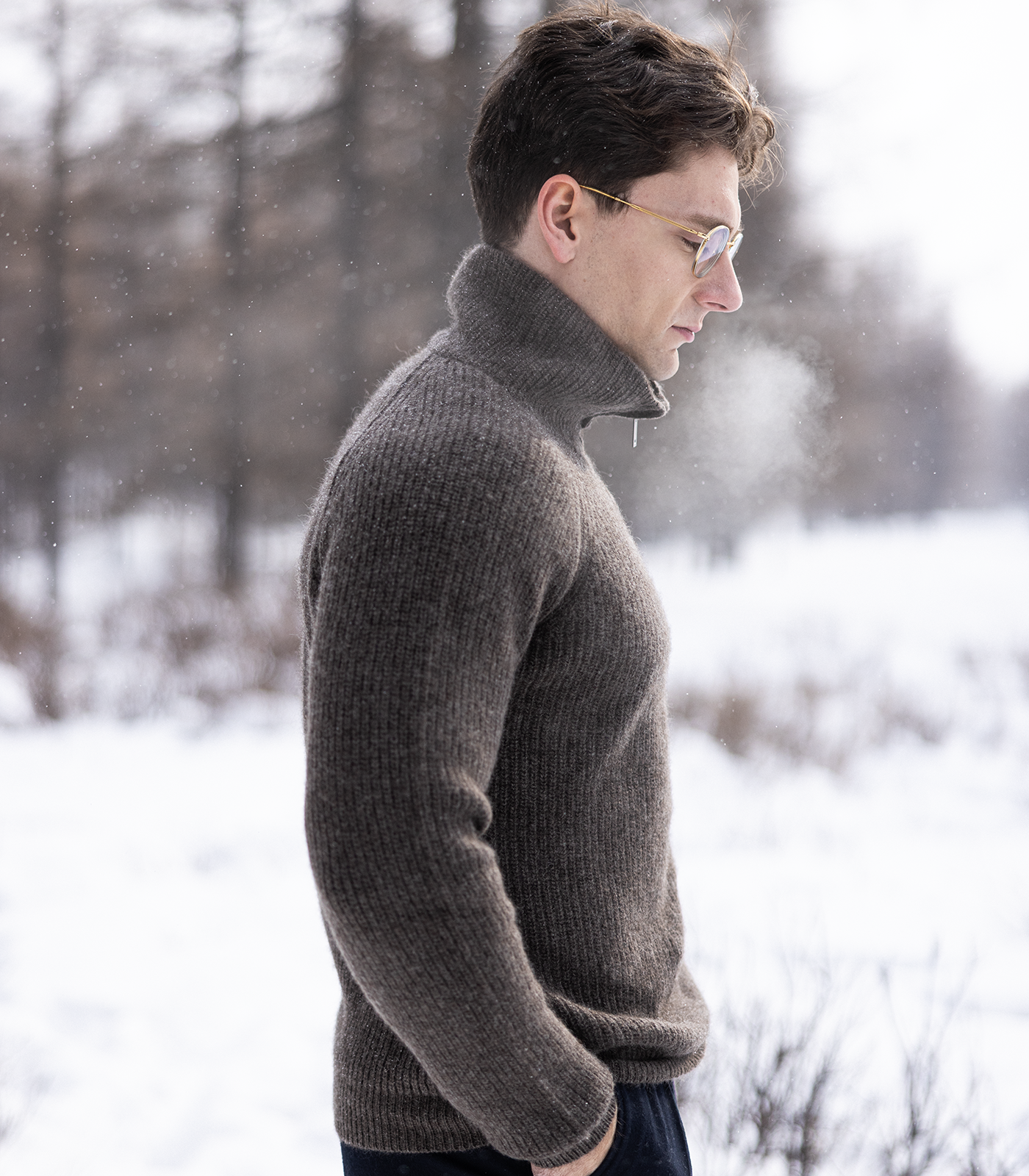 Close side view of men’s Mongolian yak wool half-zip cardigan